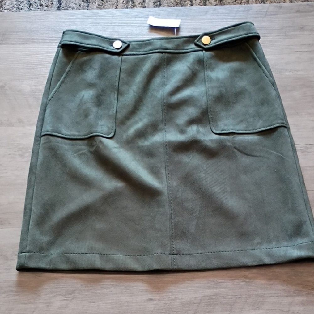 LOFT Dark Green Mini Skirt with Gold Button Accents